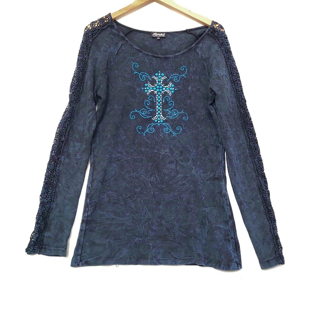 Cowgirl Hardware Waffle Knit Western Rhinestone Lace Long Sleeve Tee‎ Size XXL